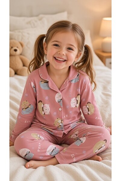 ARN HOMEWEAR kedicik desenli çiçek detaylı kız çocuk pijama takımı