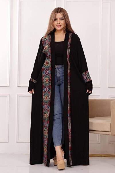 Lyaly aljlabyh Black Soft Crepe Women's Jalabiya with Colorful Traditional Em...