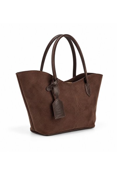 SHAKA Kahverengi Süet SHK284 Geniş Hacimli,Fermuarlı,Büyük Boy,Shopper Omuz Çantası