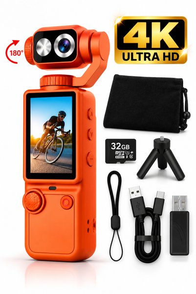 RAYLAX 4K Ultra HD Dijital Kamera 180° Dönen Lens Taşınabilir Video Fotoğraf Kamera 32GB Hafıza Kartı Hediyeli