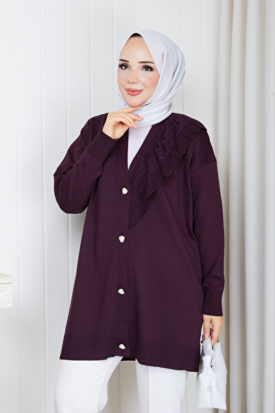 Pamuk Butik Kadın Simli Fırfırlı Kalp Düğmeli Merserize Triko Hırka