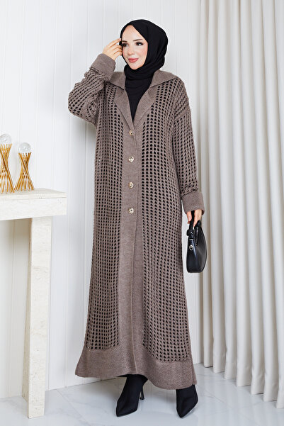 Pamuk Butik Γυναικεία ζακέτα με διπλό γιακά, διάτρητη πλέξη, μακριά πλεκτή ζα...