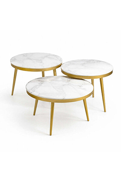 FOXMAG24 Set of 3 Round Coffee Tables, Marble-Effect Top and Gold Frame
