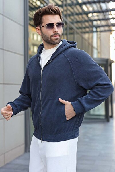 Madmext Navy Blue Hooded Double Zipper Velvet Men's Cardigan E7195