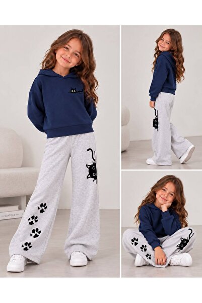 MORNİNG KİDS Kız Çocuk Lacivert Kapşonlu Kedi Baskılı Sweatshirt-Gri Kedi ve ...