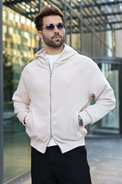 Madmext Beige Hooded Double Zipper Velvet Men's Cardigan E7195