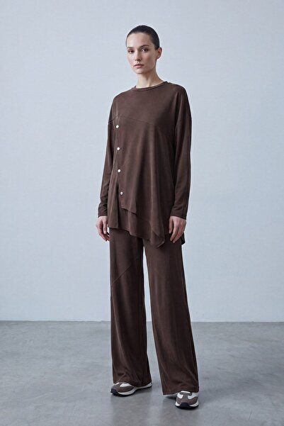 Puane Asymmetrical Cut Buttoned Tunic Trousers Set Brown 14525