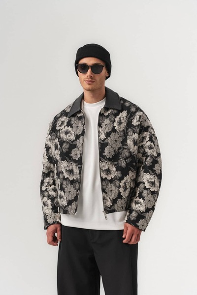 go gang own Bloomriot Leather Collared Floral Jacquard Zippered Men's Coat
