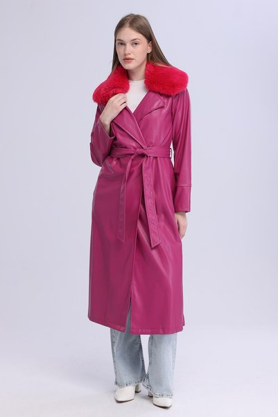 Select Moda معطف نسائي طويل من القطيفة ذو ياقة جلدية