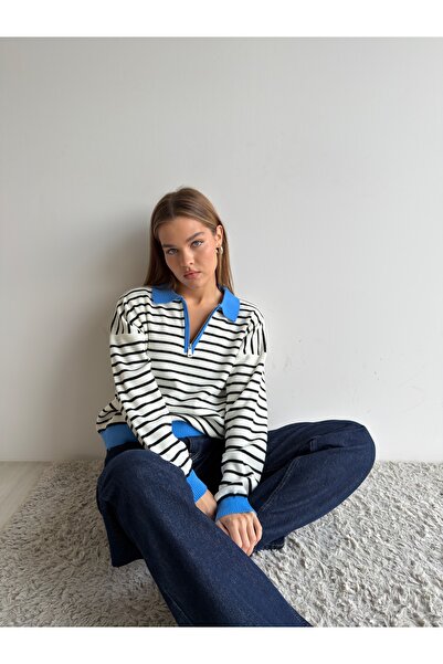 KENZA'A TRİKO Polo Collar Half-Zip Striped Sweater