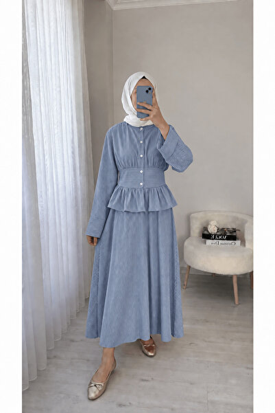 Hepsi Moda Beli Kemer Detaylı Çizgili Etekli Takım - Bebe Mavisi