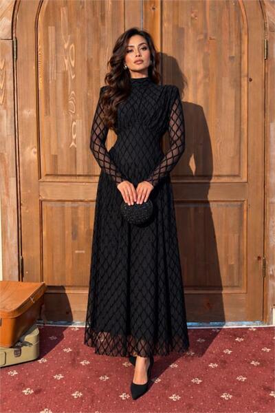 Neşeli Butik kadın siyah dik yaka vatkalı ışıltılı tam boy elbise NBMY4184
