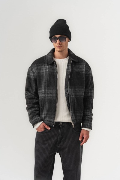 go gang own Checkwool Plaid Patterned Zippered Wool Cashmere Men's Coat
