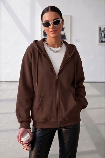 CAST COLLECTİON Women's Brown Zippered Hooded Cardigan Jacket