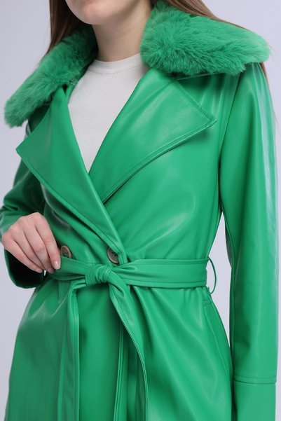 Select Moda معطف نسائي طويل من القطيفة ذو ياقة جلدية