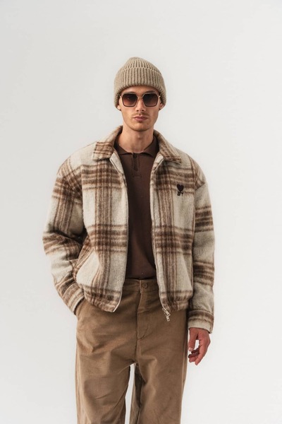 go gang own Checkwool Plaid Patterned Zippered Wool Cashmere Men's Coat