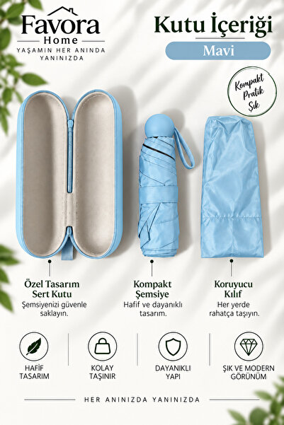 FAVORA RainBox Kapsül Şemsiye - Kutulu Mini Katlanır Çanta Boy Şemsiye Buz Mavisi