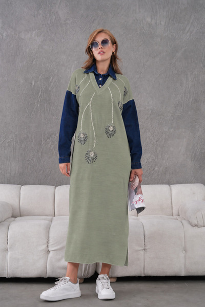 Moda Neval Women's Sleeves Jeans Embroidery Embroidered Wide Fit Long Knitwea...