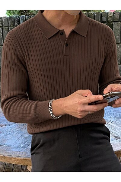 Oksit Rawi Men's Slim Fit Ribbed Knitwear Polo Collar Sweater - Long Sleeve B...