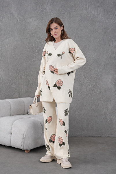 Moda Neval Women's Bead Embroidered Knitwear Cardigan Wide Leg Pants Two-Piec...