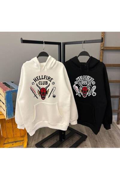 Minga London Siyah-Beyaz Hellfire Club Baskılı Sevgili-Arkadaş 2'li Kapüşonlu Oversize Sweatshirt