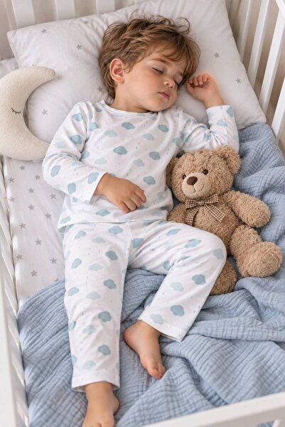 Yarusya Erkek Çocuk Pijama Takımı %100 Pamuk Uzun Kollu Bulut Desenli 2 Parça...