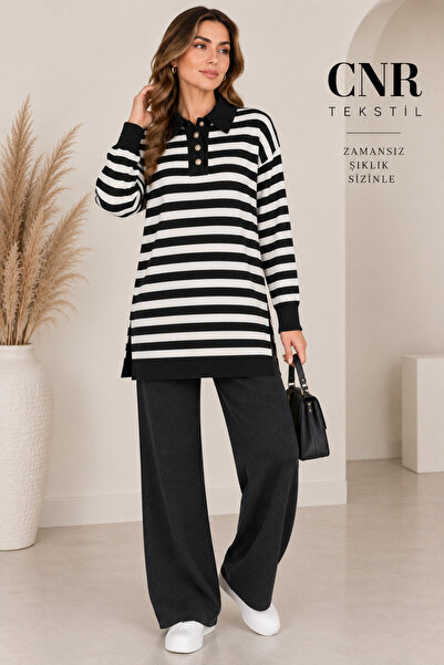 CNR TEKSTİL Women's Striped Shirt Collar Buttoned Oversize Knitwear Set