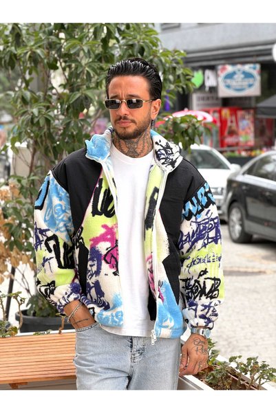 manch collection Karışık Desenli Peluş Ceket Beyaz
