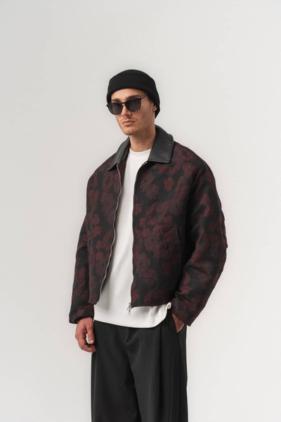 go gang own Bloomriot Leather Collared Floral Jacquard Zippered Men's Coat