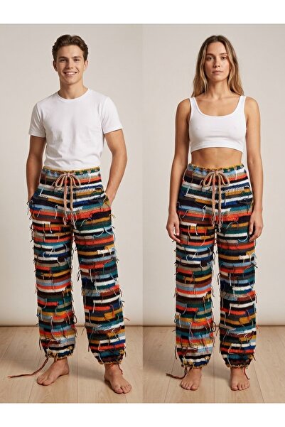 Vintage Retro Tasarım Çok Renkli El Örgüsü Püsküllü Bağcıklı Unisex Pantolon – S/M
