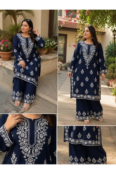 MYSMAR Blue Chikankari Embroidered Kurti Set - CHK1005 | Blue-Size:XL-42-Inches