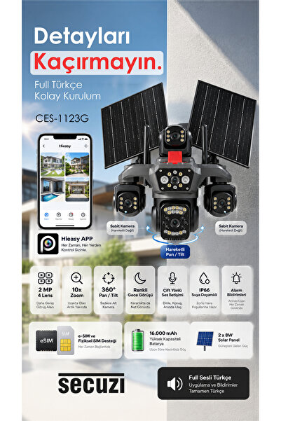 SECUZİ 3 Manuel 1 Hareketli Kameralı 2MP 4G Solar Panel / Güneş Enerjili Akıl...