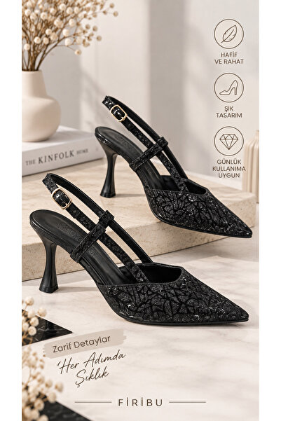 Firibu Kadın Işıltılı Sivri Burun İnce Topuklu Stiletto Arkası Açık Tokalı Şı...