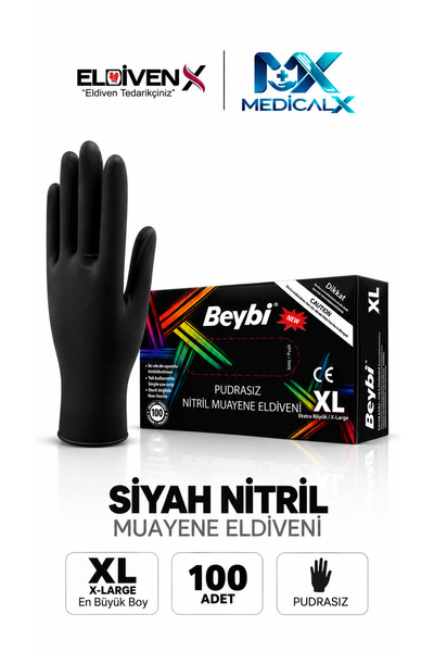 Medicalx Beybi Siyah Nitril Pudrasız Muayene Eldiveni 100'lük Kutu (X-Large/E...