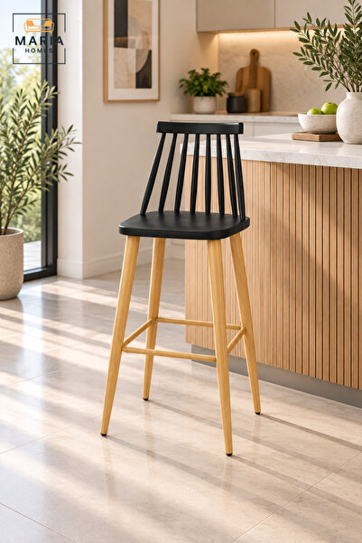 MARIA HOMES Modern Bar Chair | Black Spindle Back Counter Chair with Natural ...