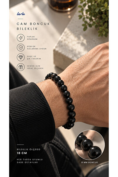 Larla Mocha 8 mm Glass Bead Bracelet Brown Detailed Natural Stone Look Unisex Handmade Jewelry