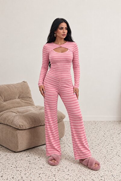 EVOA Women's Pink 3-Piece Striped Athlete and Bolero Pajama Set