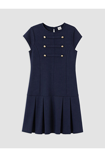 LC Waikiki Lcw Kids Navy Blue Button Detailed Pleated Girls' Dress with Nevav...