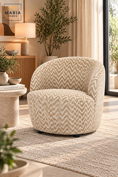 MARIA HOMES Modern Accent Armchair | Beige & White Chevron Pattern Upholstere...