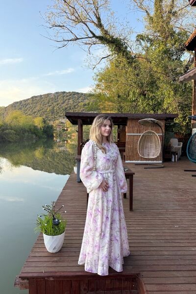 fushya design Düğme Birit Detaylı Çiçekli Elbise