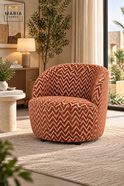 MARIA HOMES Modern Accent Armchair | Orange & Beige Chevron Pattern Upholster...