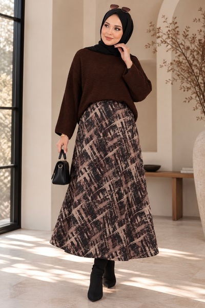 ASTEMİA Women's Knitwear Sweater Patterned Scuba Skirt Double Hijab Set Sb0063