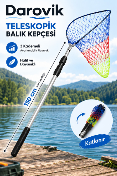 Darovik DG250B Teleskopik Balık Kepçesi 150 cm Katlanır Portatif Güçlü Tor Kepçe