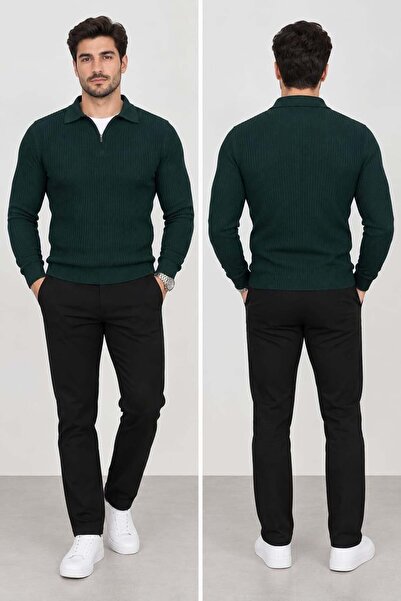 Polo Yaka Triko Sweatshirt - NEFTİ - ST 506