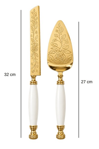 Jenisa White Handle Gold Color Cake Cutting Knife and Serving Spatula Set of 2