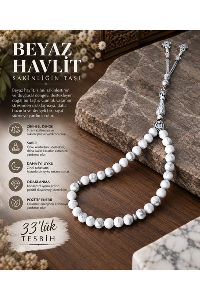 Liacharm 33-Piece White Howlite Natural Stone Prayer Beads with Silver Tassels