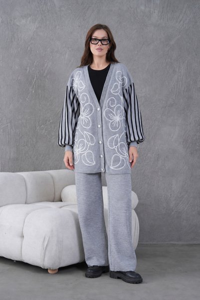Moda Neval Women's Embroidered Sleeve Striped Knitwear Cardigan Pants Two-Pie...