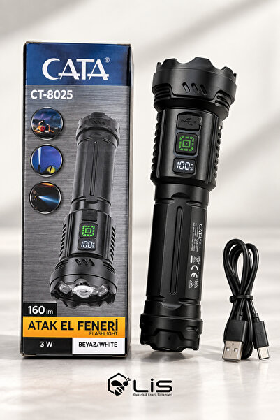 Cata CT-8025 Atak El Feneri 9 Fonksiyonlu TYPE-C Şarjlı Led Fener
