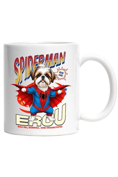 INOVATIX Cana alba personalizata,Shih Tzu Caine In Costum de SpiderMan cu Pel...