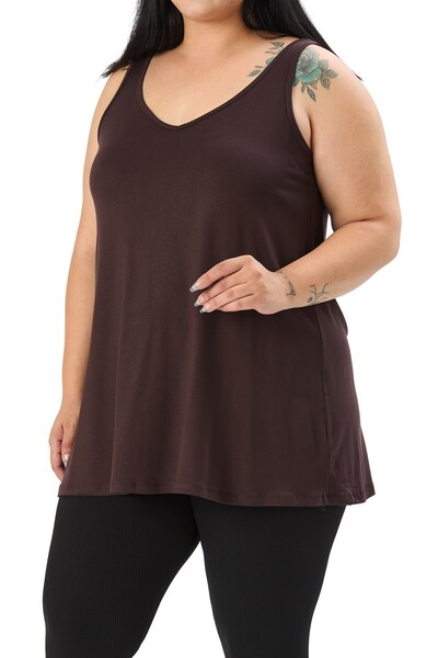 DISENTIS MODEST Plus Size V-Neck Flared Cut Long Brown Blouse